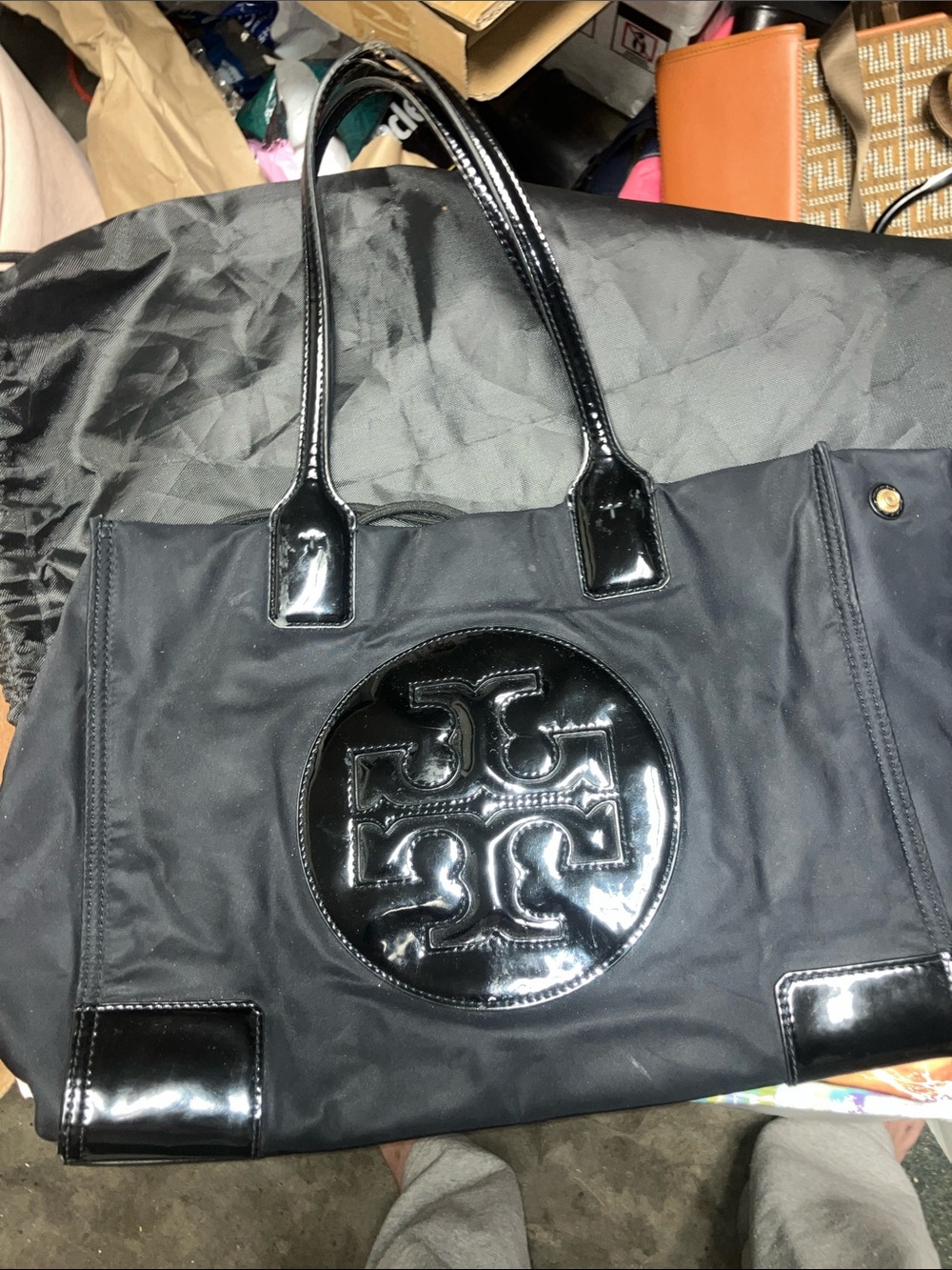 Tory Burch Black Nylon Tote with Patent Logo Trim